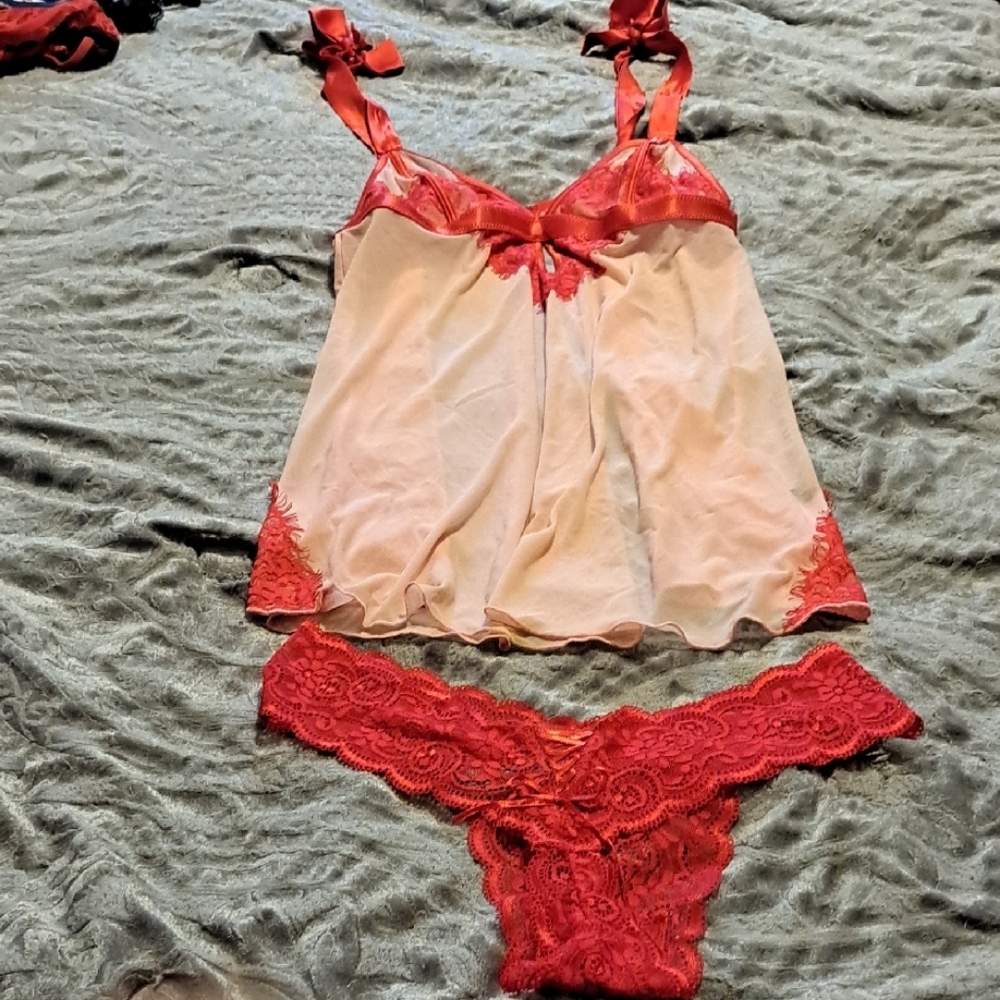 Red and Pink Lace Chemise with Adjustable Straps
